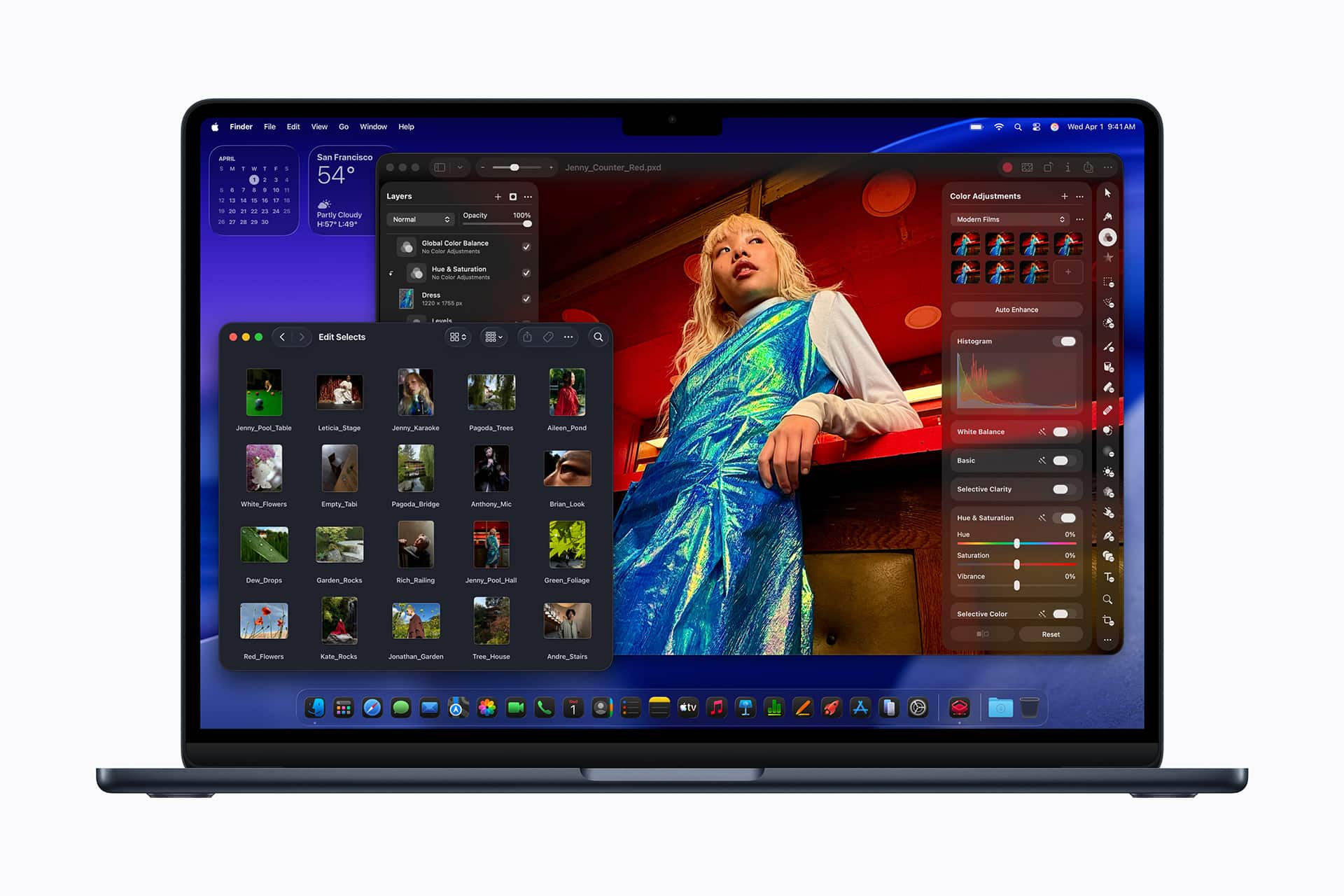 A laptop displays a photo editing application with a vibrant portrait of a person in a shiny blue dress. Editing tools and photo thumbnails are open on the screen, along with widgets for time, weather, and calendar.