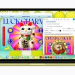 A laptop screen displays a colorful webpage featuring a lucky cat graphic and the text “Luck Charm.” An email window overlaps, showing an invitation with similar vibrant art reading “Opening Night.”.