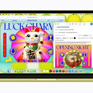 A laptop screen displays a colorful webpage featuring a lucky cat graphic and the text “Luck Charm.” An email window overlaps, showing an invitation with similar vibrant art reading “Opening Night.”.