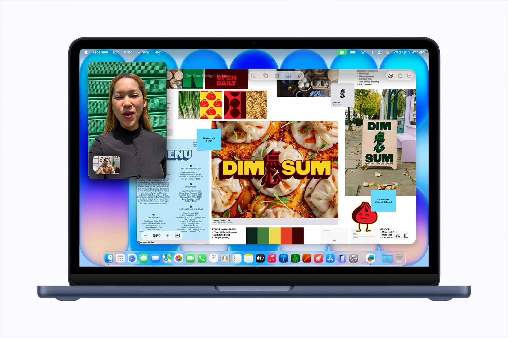 A laptop screen displays a video call in the top left corner and various colorful windows and menus related to a dim sum restaurant covering the rest of the desktop.