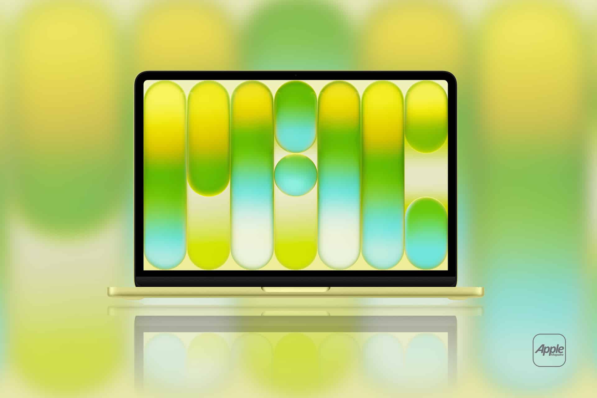 A yellow Apple laptop is open, displaying a MacBook Neo wallpaper with abstract rounded vertical shapes in yellow, green, and blue tones. The blurred background echoes these colors, with a small Apple logo in the lower right corner.