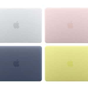Four closed Apple MacBook Neo laptops are arranged in a grid, each in a different color: silver (top left), pink (top right), dark blue (bottom left), and yellow (bottom right), all seen from above.