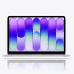 A silver laptop showcasing MacBook Neo performance features a colorful abstract design in purple, blue, and green on the screen, set against a white background with a small gray Apple logo in the bottom right corner.