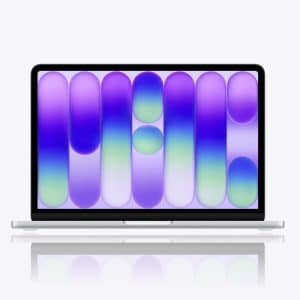 A silver laptop showcasing MacBook Neo performance features a colorful abstract design in purple, blue, and green on the screen, set against a white background with a small gray Apple logo in the bottom right corner.