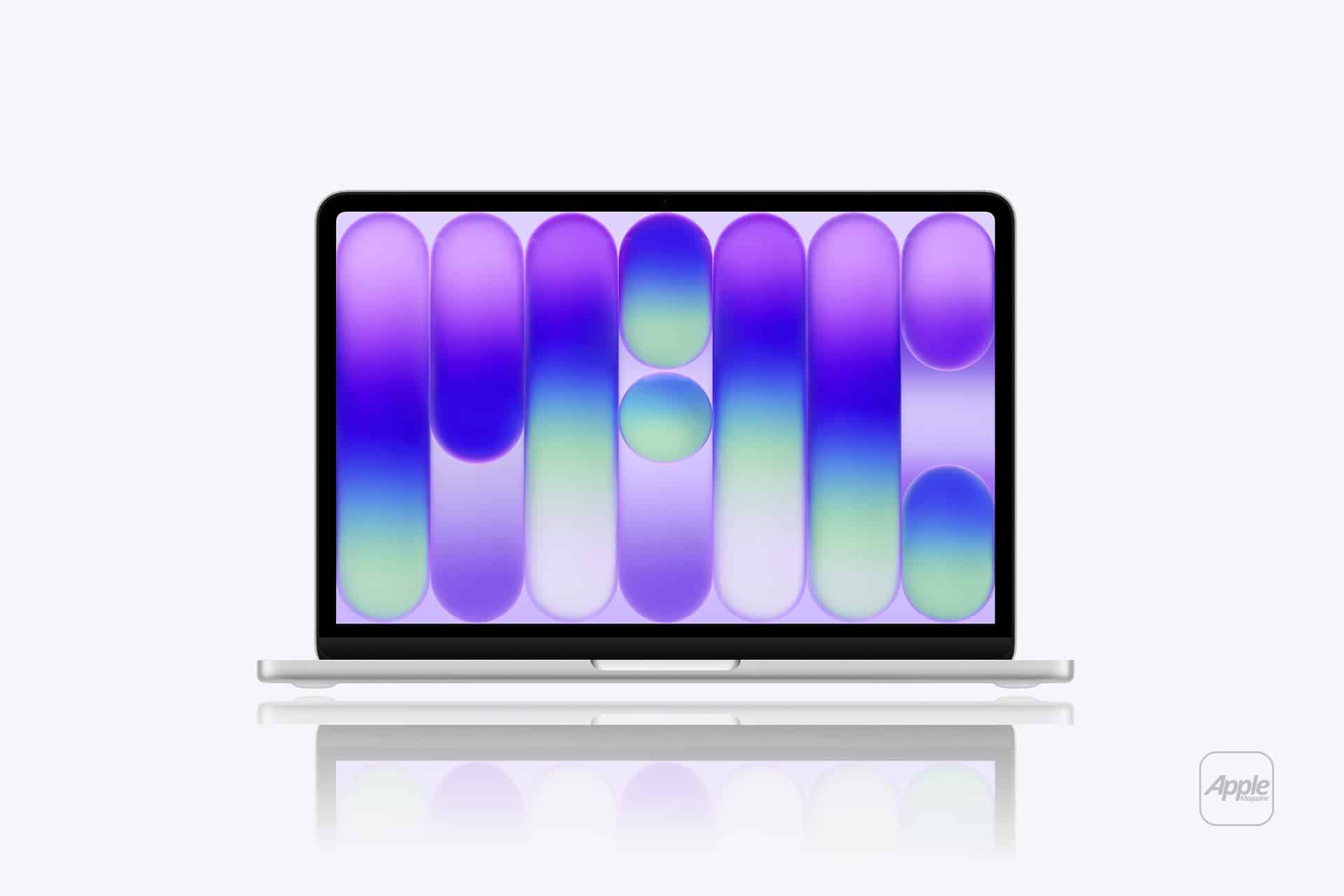 A silver laptop showcasing MacBook Neo performance features a colorful abstract design in purple, blue, and green on the screen, set against a white background with a small gray Apple logo in the bottom right corner.