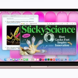 A laptop displays an open article titled "Sticky Science: How Gecko Feet Inspire Innovation" with images of a gecko and gecko feet. Behind it, additional tabs and colorful app icons are visible on the screen.