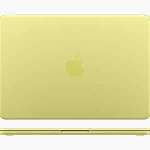 A yellow Apple laptop is shown closed, viewed from the top and the front, displaying the Apple logo on the lid against a plain white background.
