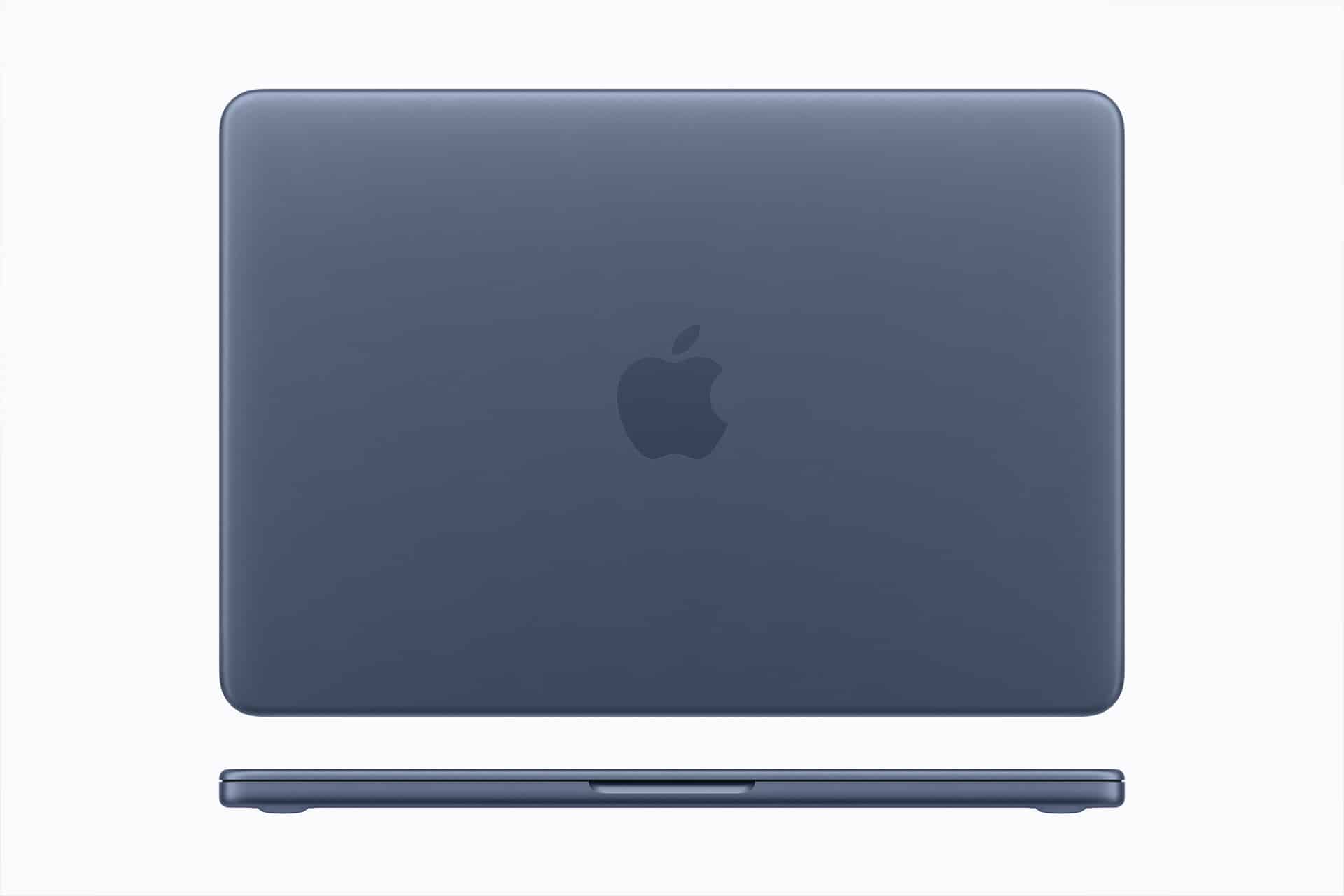 A closed, blue Apple MacBook laptop is shown from above on a light gray background, with the Apple logo centered on the lid.