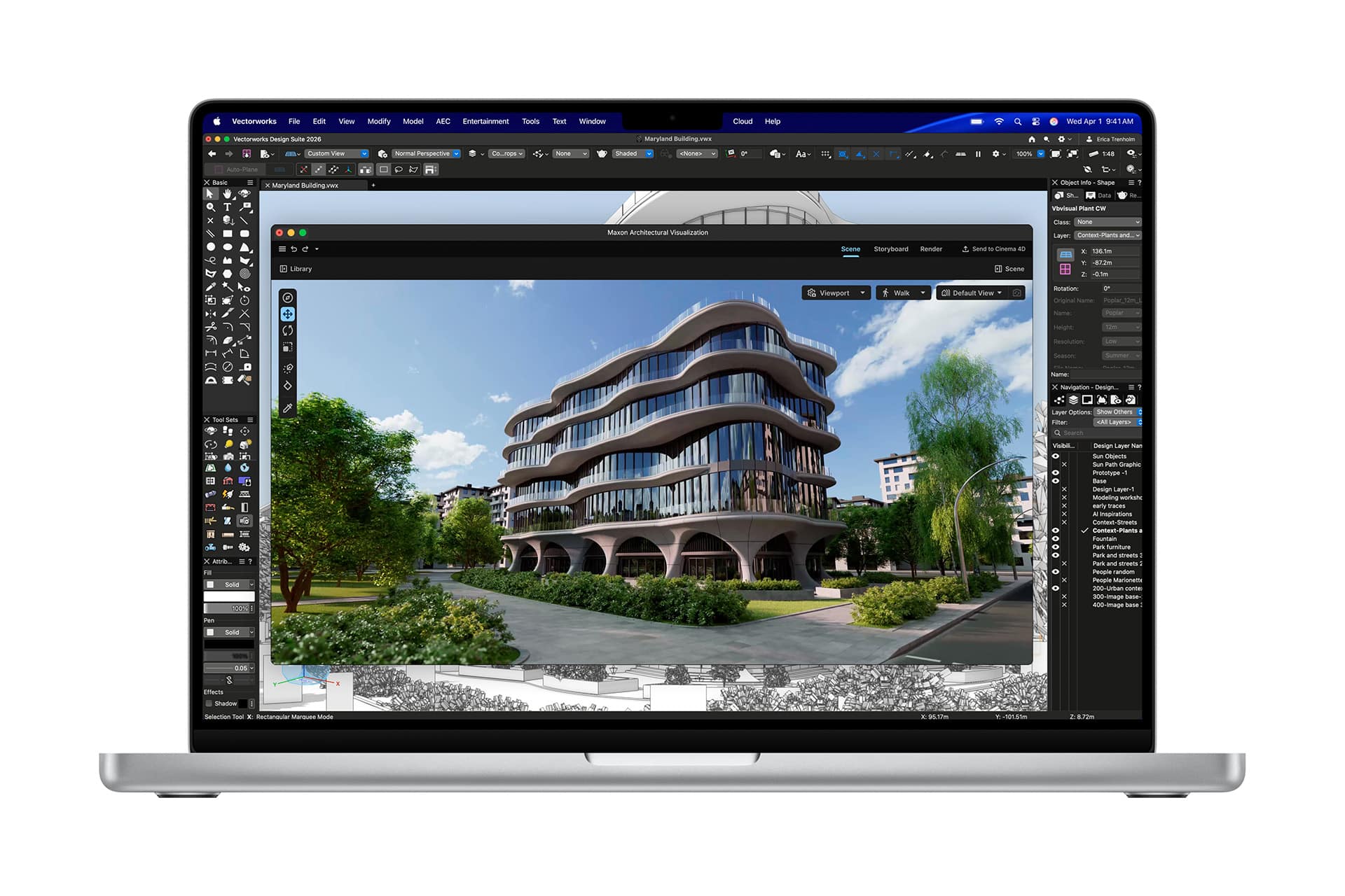 A laptop screen displaying architectural design software with a 3D rendering of a modern, curved building surrounded by greenery and trees in an urban setting.
