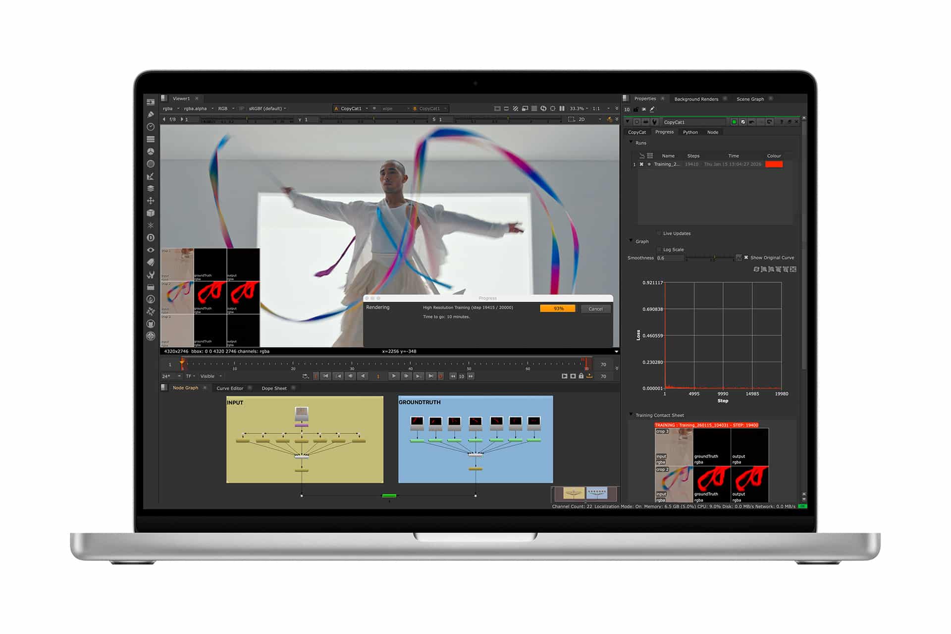 A laptop screen displays visual effects software with a video of a person performing rhythmic gymnastics, colorful ribbons in motion, and various editing panels and graphs visible.