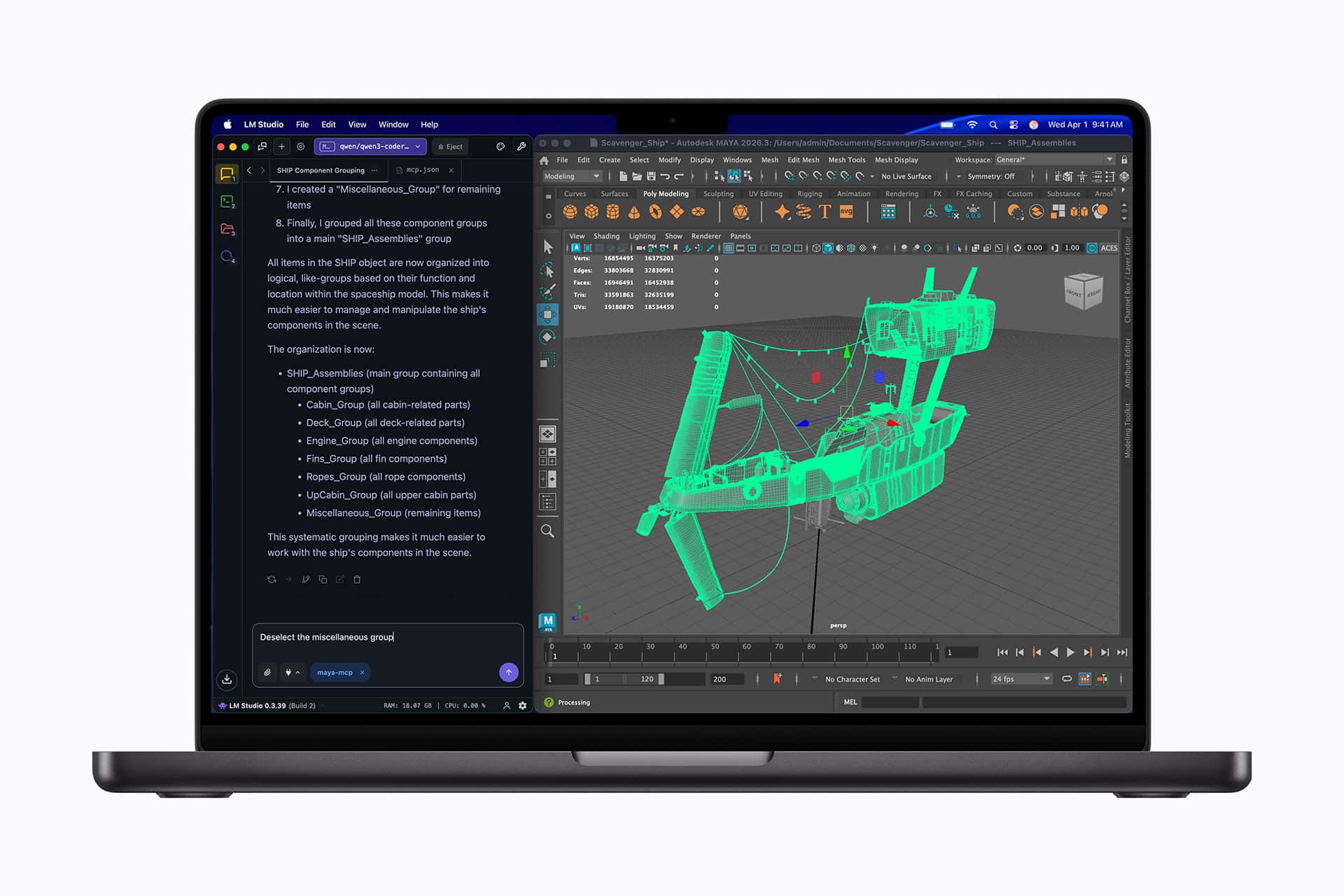 A laptop displaying a split screen: on the left, a text guide in dark mode; on the right, a 3D modeling software with a teal digital model of mechanical parts.