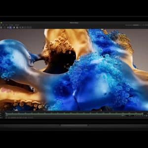 A black laptop displays a digital rendering of abstract blue and gold forms with bubble-like textures on its screen, set against a dark background.