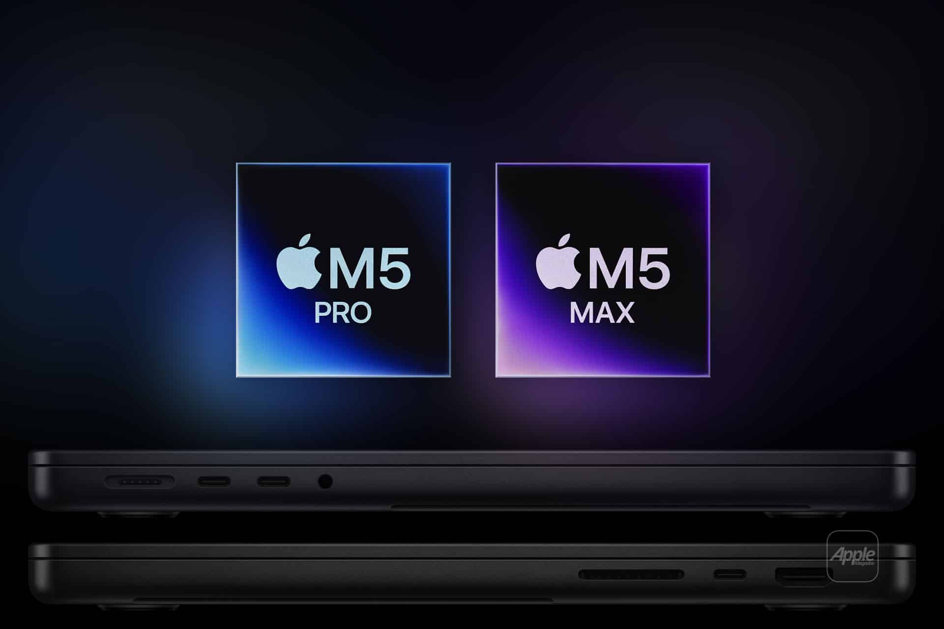 Two MacBook laptops are shown in profile at the bottom, with glowing icons above them displaying "Apple M5 Pro" and "Apple M5 Max" on dark backgrounds.
