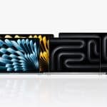 Four Apple MacBook laptops are displayed side by side against a white background, each with colorful abstract designs on their screens. The lineup includes the latest MacBook Pro M5 and MacBook Air M5. An Apple logo appears in the lower right corner.