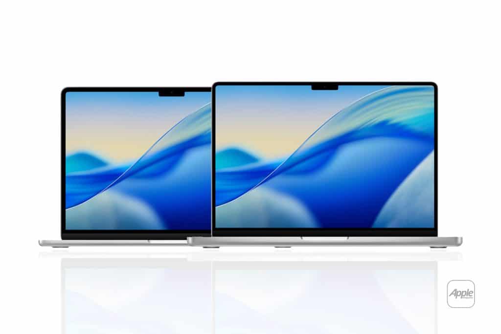 Two Apple MacBook laptops side by side, both showcasing vibrant blue abstract wave wallpapers, highlight the impressive MacBook processing power with the Apple logo clearly visible in the bottom right corner.