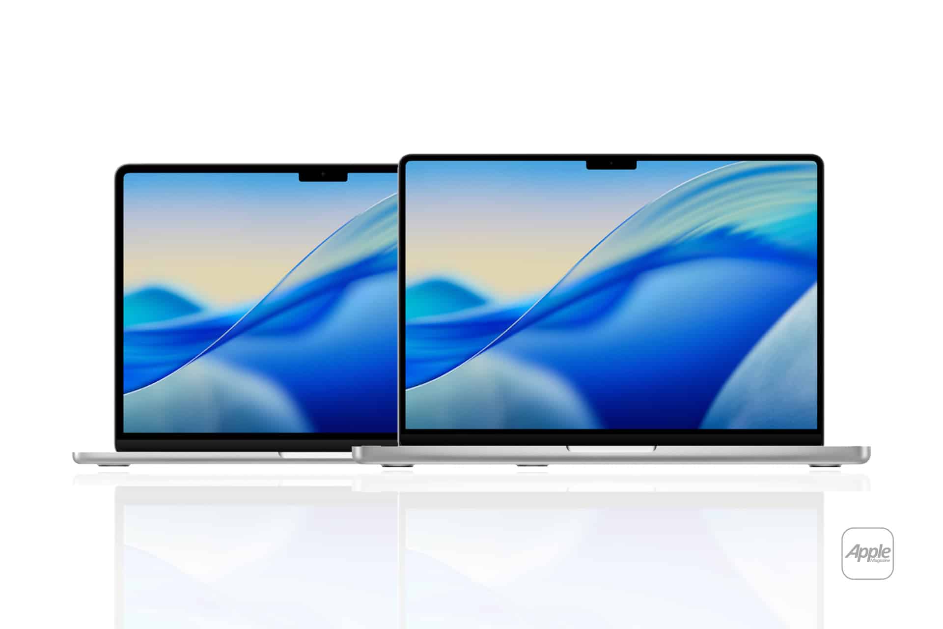 Two Apple MacBook laptops side by side, both showcasing vibrant blue abstract wave wallpapers, highlight the impressive MacBook processing power with the Apple logo clearly visible in the bottom right corner.