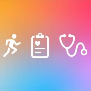 White icons of a running person, a clipboard with a heart, and a stethoscope—representing aspects of a regulated medical device—appear on a gradient background of yellow, orange, pink, and blue.