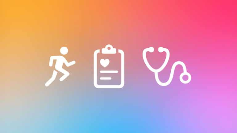 White icons of a running person, a clipboard with a heart, and a stethoscope—representing aspects of a regulated medical device—appear on a gradient background of yellow, orange, pink, and blue.