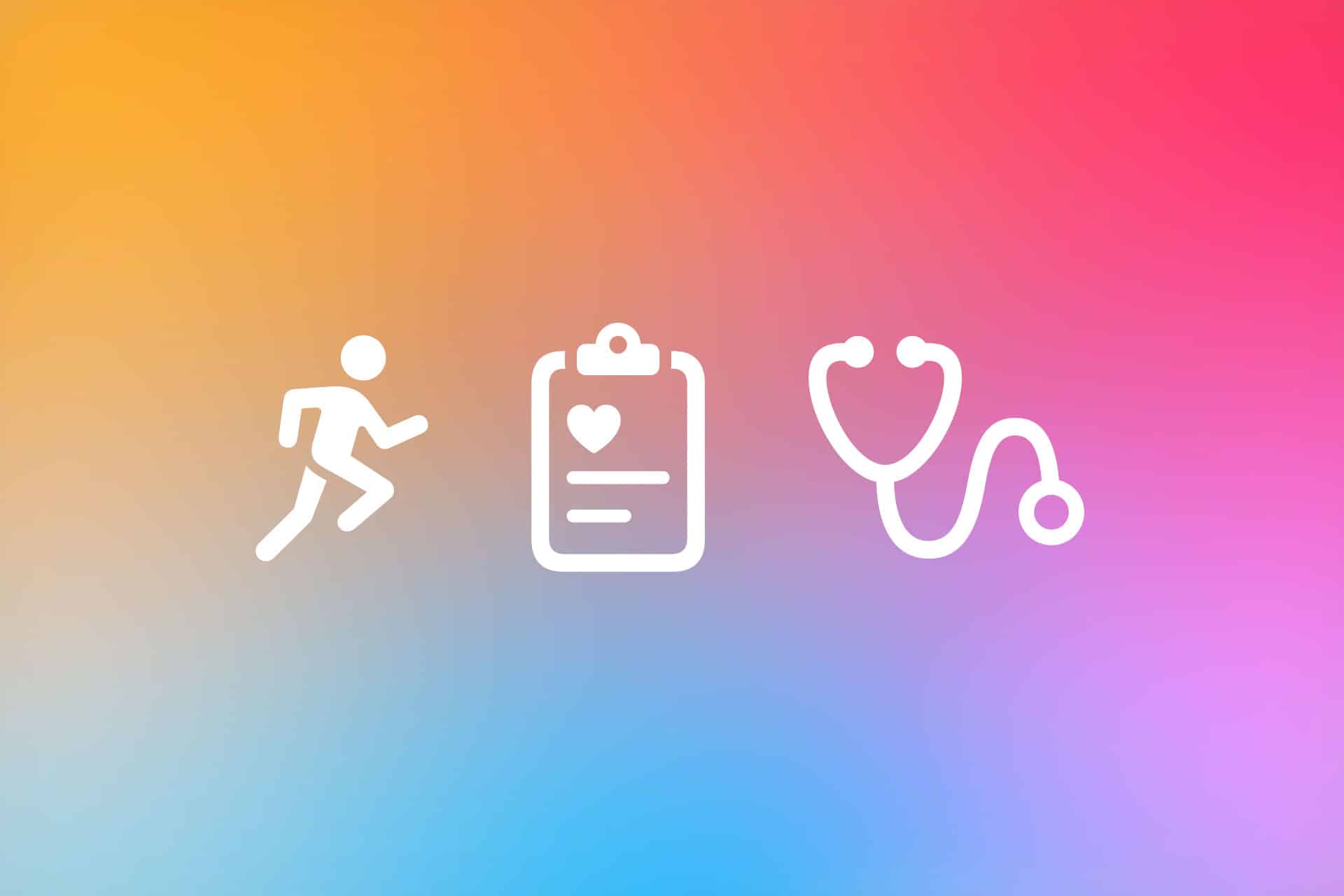 White icons of a running person, a clipboard with a heart, and a stethoscope—representing aspects of a regulated medical device—appear on a gradient background of yellow, orange, pink, and blue.