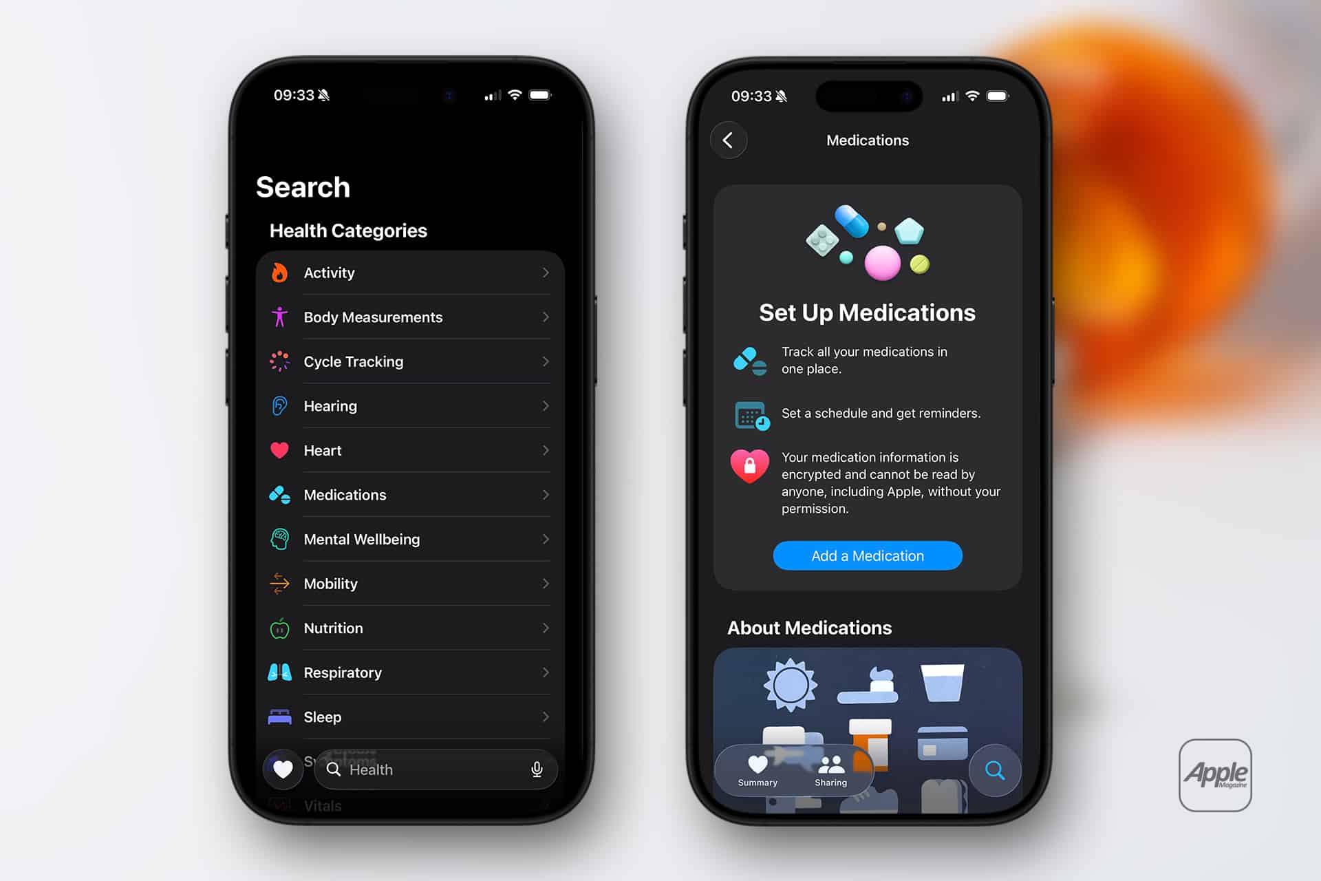 Two iPhones display Apple Health app screens: the left shows health categories like Activity and Heart, while the right features a Medications setup screen with an “Add a Medication” button for easy medication reminders. The Apple logo appears in the corner.