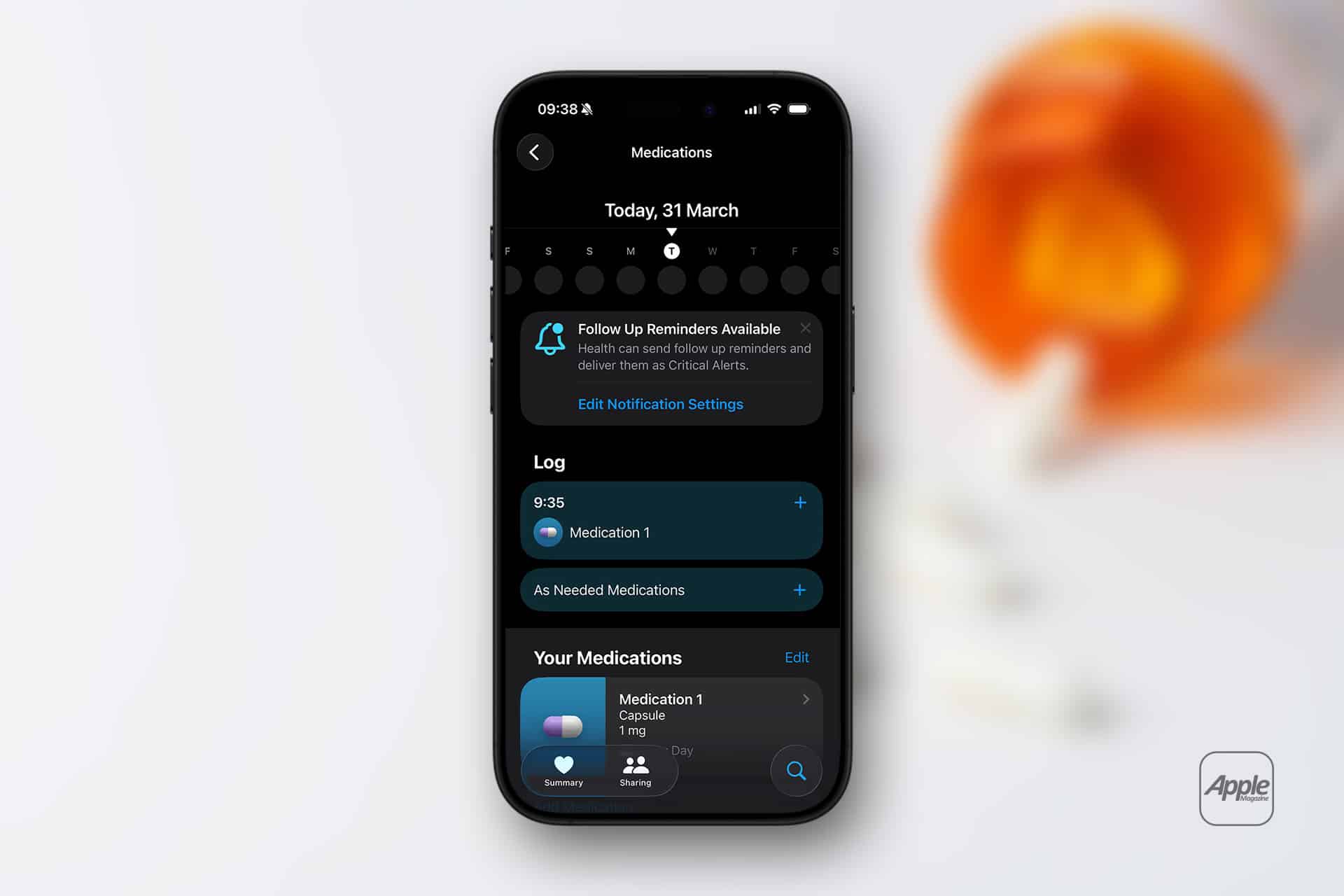 A smartphone displays an Apple Health Medications screen featuring medication reminders, a log, and details for "Medication 1," with a blurred orange pill bottle in the background.