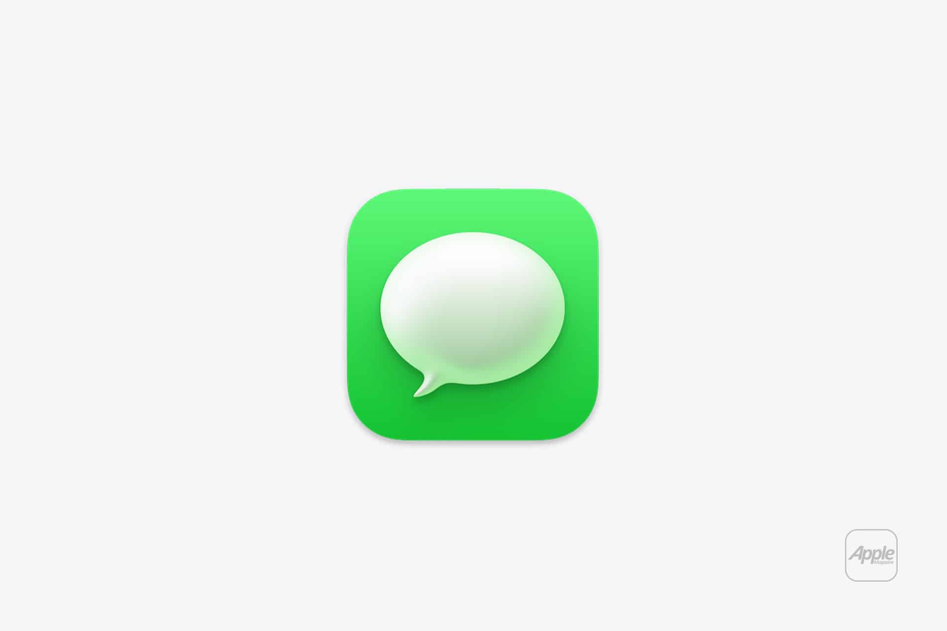 A green square icon with rounded corners featuring a white speech bubble in the center, symbolizing the Apple Messages app and iPhone Message Search. The Apple logo appears in light gray at the bottom right corner.