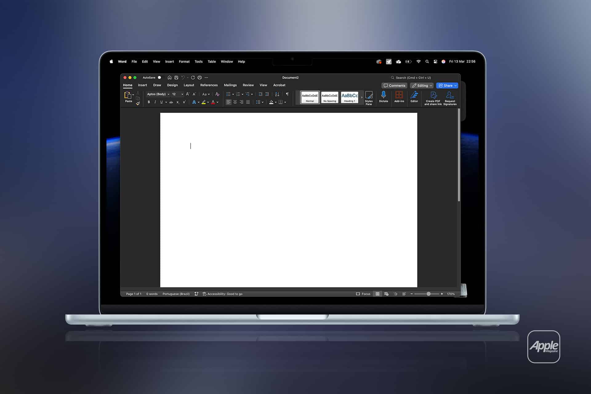 A MacBook laptop displays a blank Microsoft Word for Mac document in dark mode. The desktop background is blurred in shades of blue and black, with an Apple logo visible in the lower right corner.