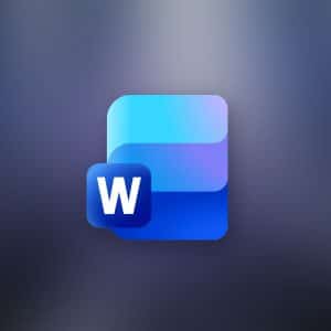 The image shows the Microsoft Word for Mac logo, a stylized blue "W" on a layered blue background, centered on a blurred blue-grey gradient backdrop with a small Apple logo in the lower right corner.