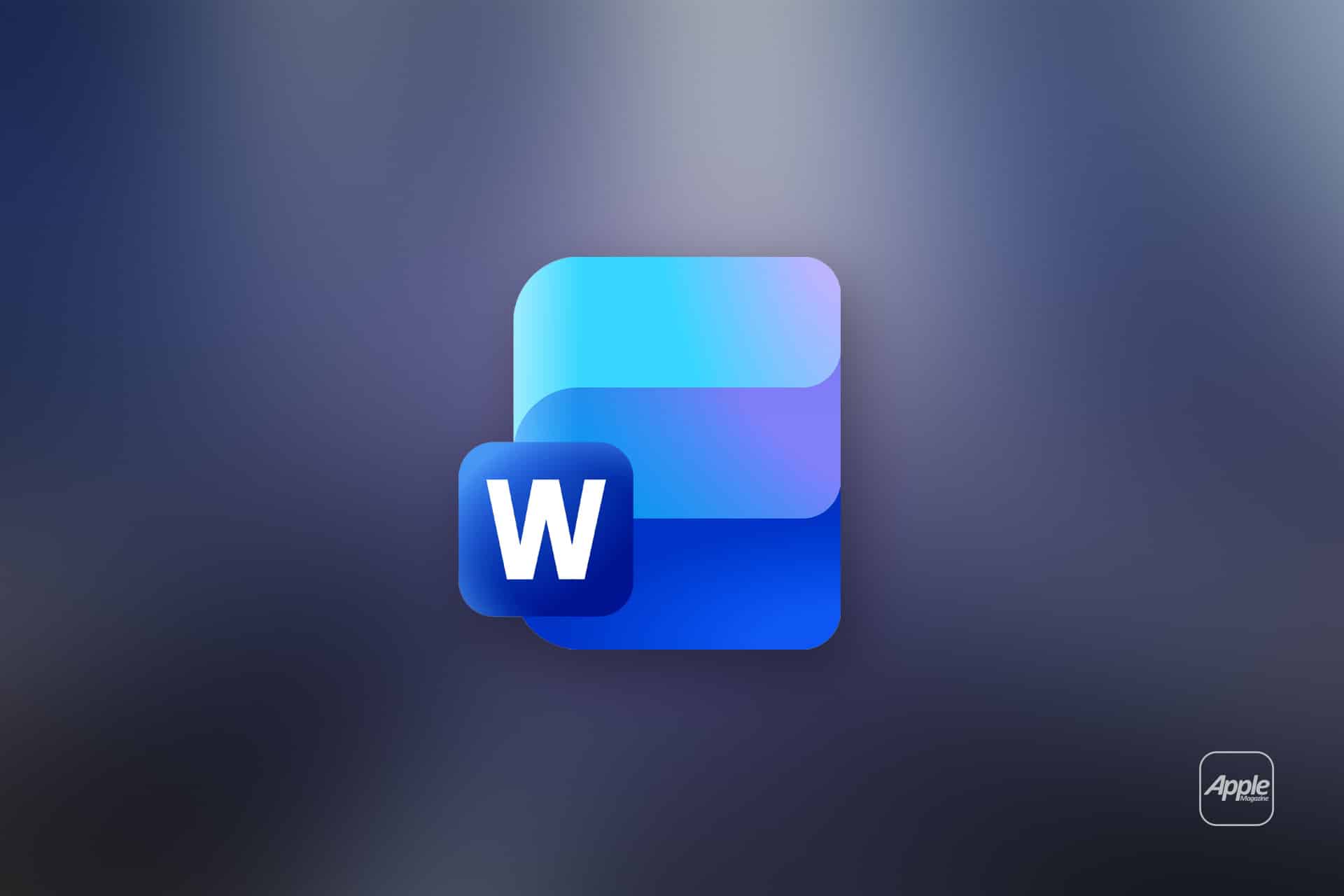 The image shows the Microsoft Word for Mac logo, a stylized blue "W" on a layered blue background, centered on a blurred blue-grey gradient backdrop with a small Apple logo in the lower right corner.