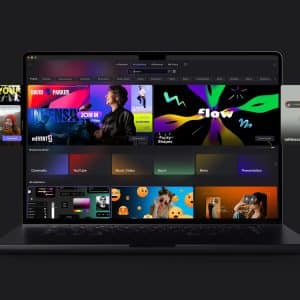 A laptop displays a vibrant, colorful interface featuring media categories like YouTube, Music Video, and Sport, plus visual thumbnails—reminiscent of platforms enhanced by Final Cut Pro Plugins—on a sleek dark background.