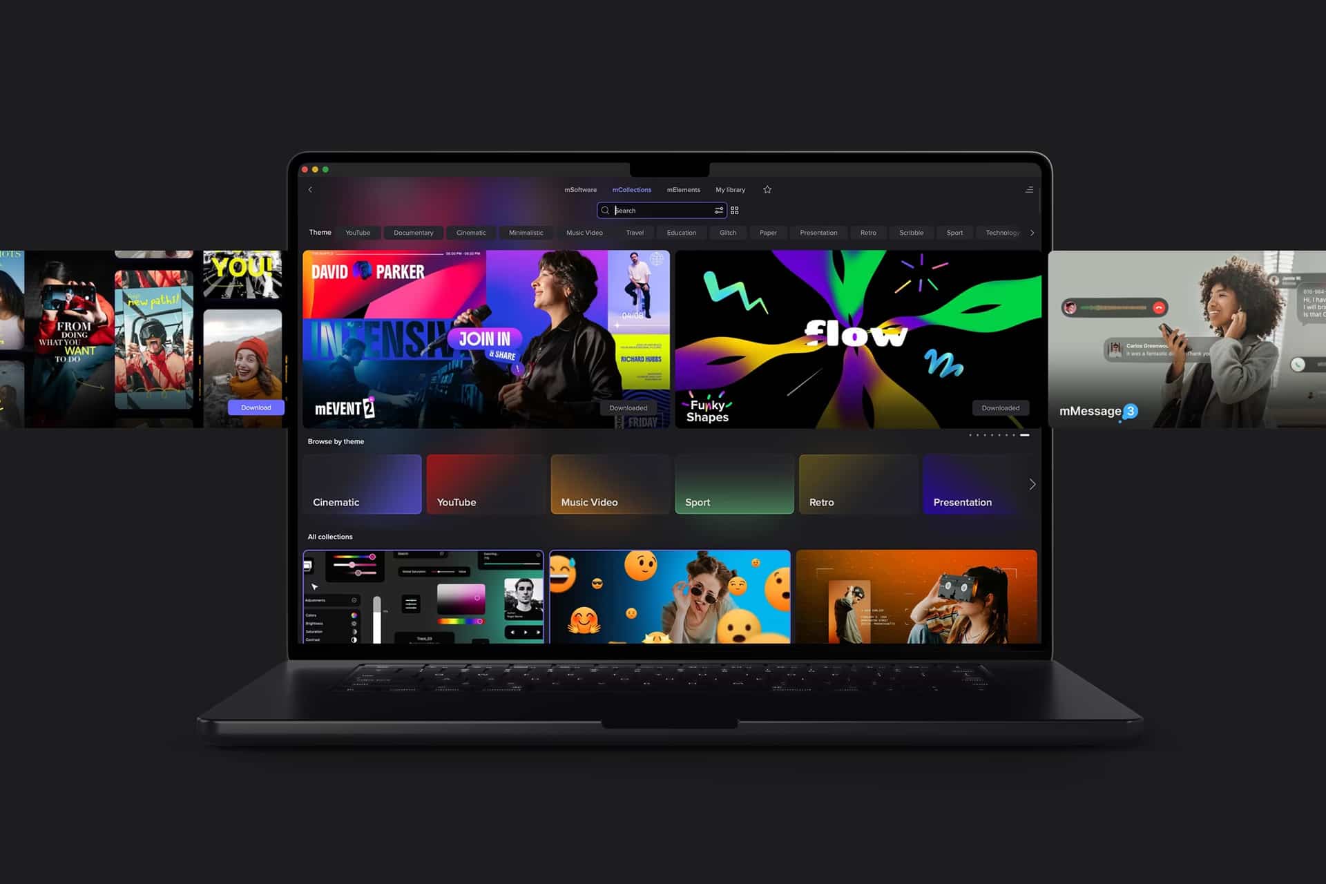 A laptop displays a vibrant, colorful interface featuring media categories like YouTube, Music Video, and Sport, plus visual thumbnails—reminiscent of platforms enhanced by Final Cut Pro Plugins—on a sleek dark background.