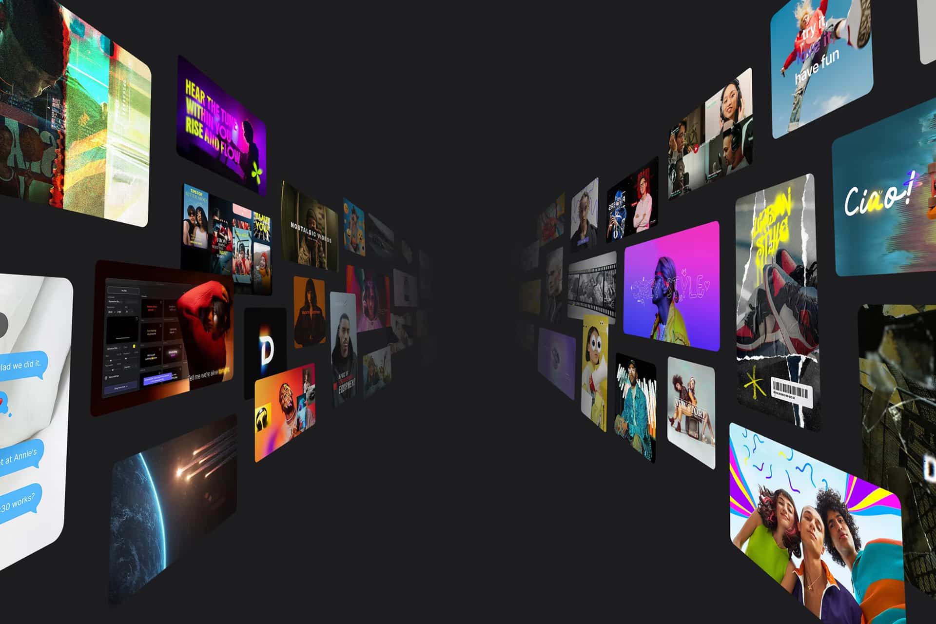 A tunnel-like digital space with floating screens on both sides, displaying colorful images, movies, music, and digital content—like Final Cut Pro Plugins—all converging toward a dark central vanishing point.