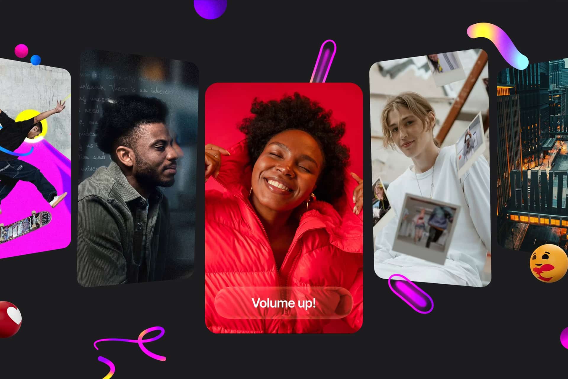 MotionVFX - Four colorful, vertical photos of smiling young people appear on a black background with playful, abstract shapes. Center image shows a woman in a red jacket and the text “Volume up!”—celebrating Apple Acquires MotionVFX and new Final Cut Pro Plugins.