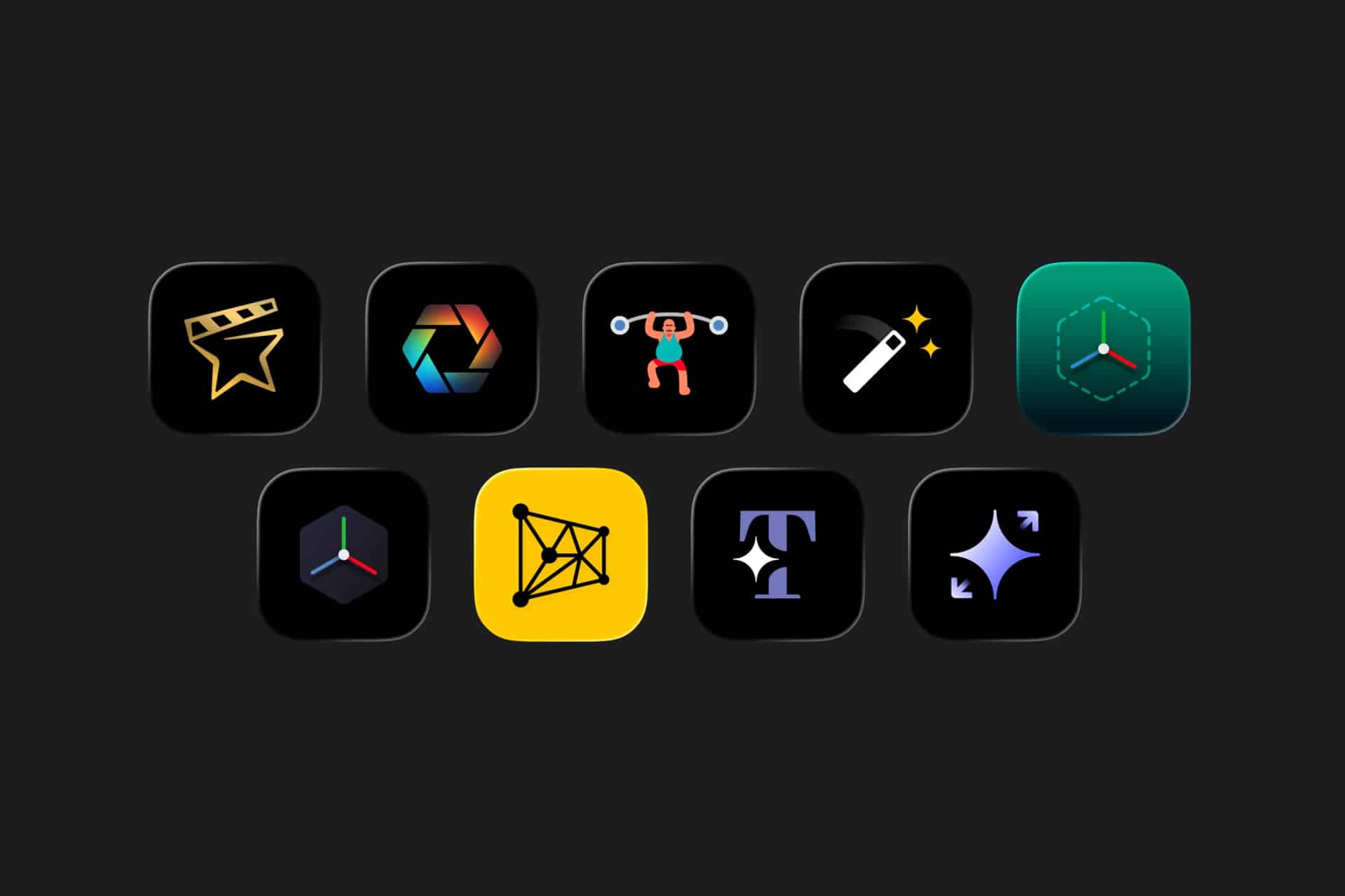 A grid of ten app icons on a dark background, each featuring symbols like a clapperboard and 3D cubes—perfect for showcasing Final Cut Pro Plugins. Other icons include a color wheel, network, weightlifter, magic wand, text, and sparkling stars.