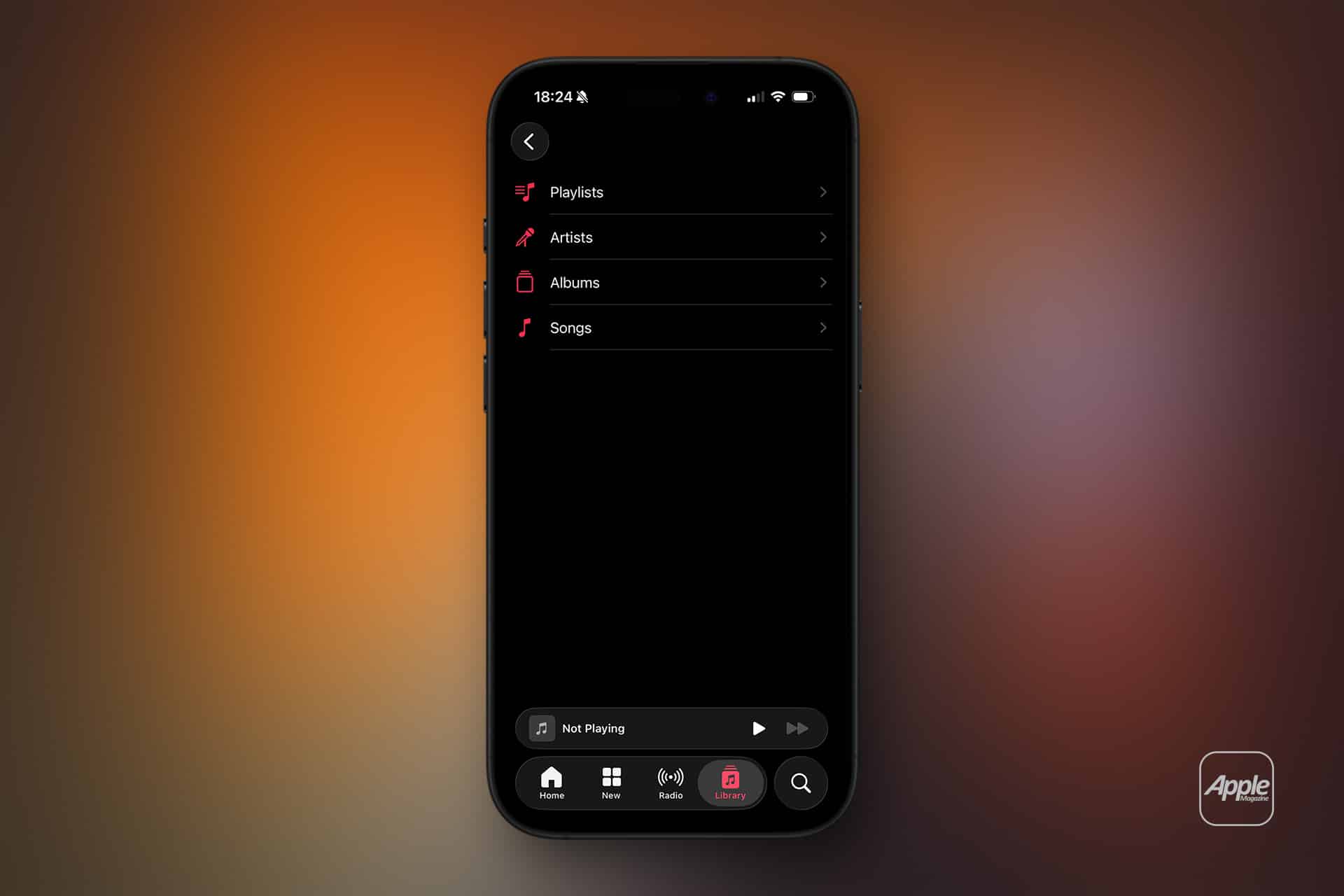 A smartphone screen displays a music app in dark mode with menu options for Playlists, Artists, Albums, and Songs. The blurred orange-purple background sets the tone, while an Apple logo hints at Apple Music offline access in the bottom right corner.