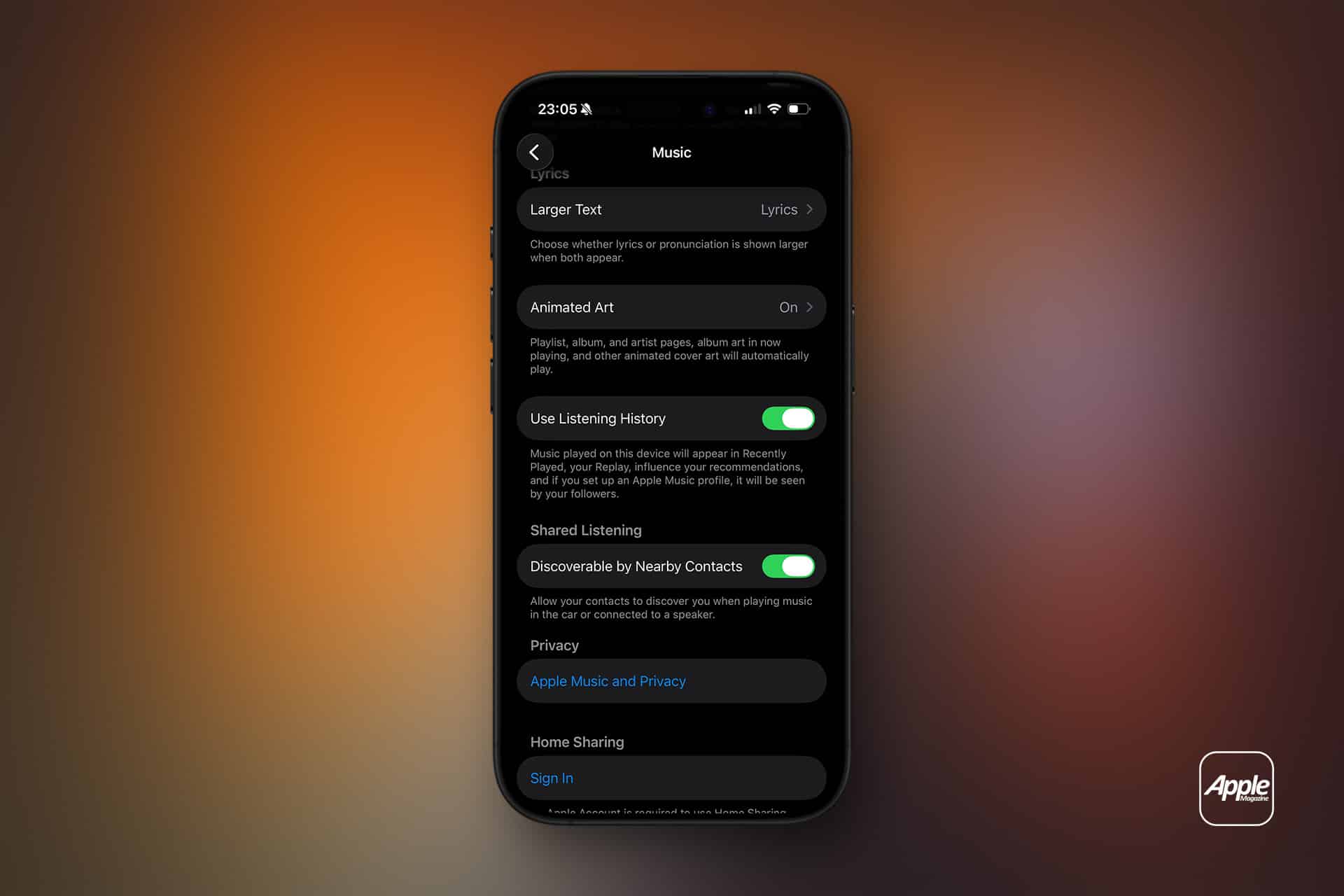 A smartphone displays Apple Music discovery settings, including options for larger text, animated art, use listening history, discoverable by nearby contacts, privacy, and home sharing. The background features a blurred orange gradient with an Apple logo.
