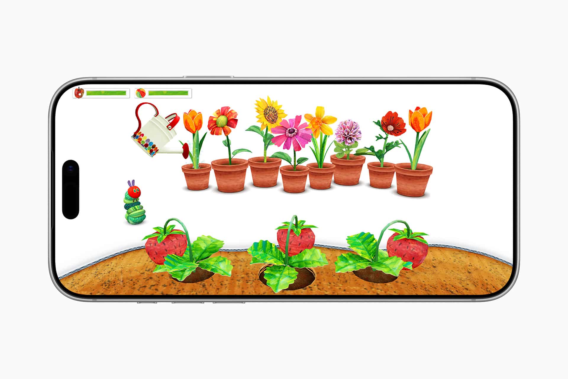 A smartphone screen displays a colorful gardening game from the Apple Arcade April Games lineup, featuring potted flowers, strawberries, a watering can, and a caterpillar character on a white background.