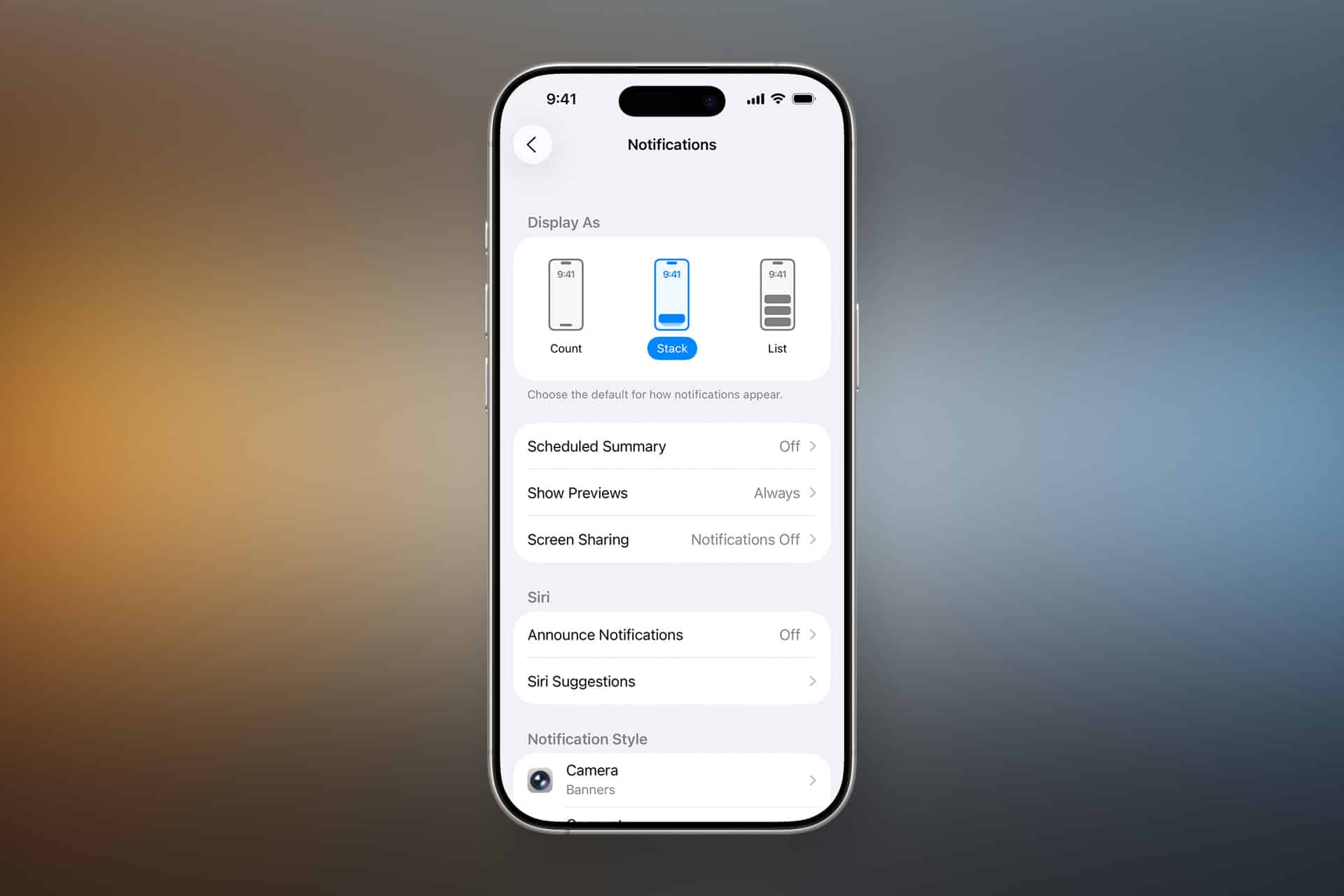 A smartphone screen shows the Notifications settings menu, offering display options—Count, Stack (selected), and List—plus additional notification controls like toggles for iPhone weather alerts below.