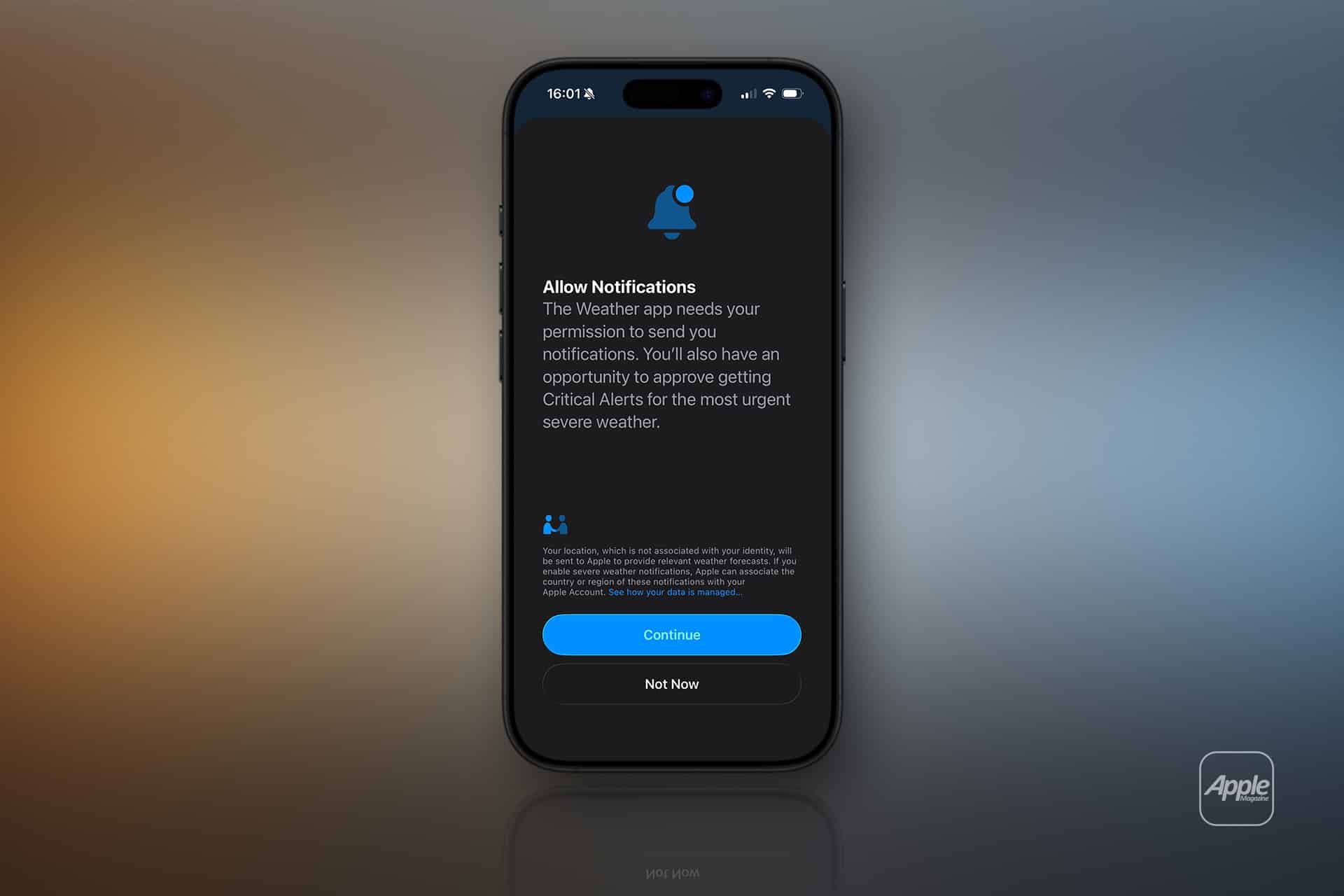 A smartphone screen displays a prompt from the Weather app, asking the user to allow iPhone weather alerts for urgent severe weather, with "Continue" and "Not Now" buttons at the bottom.