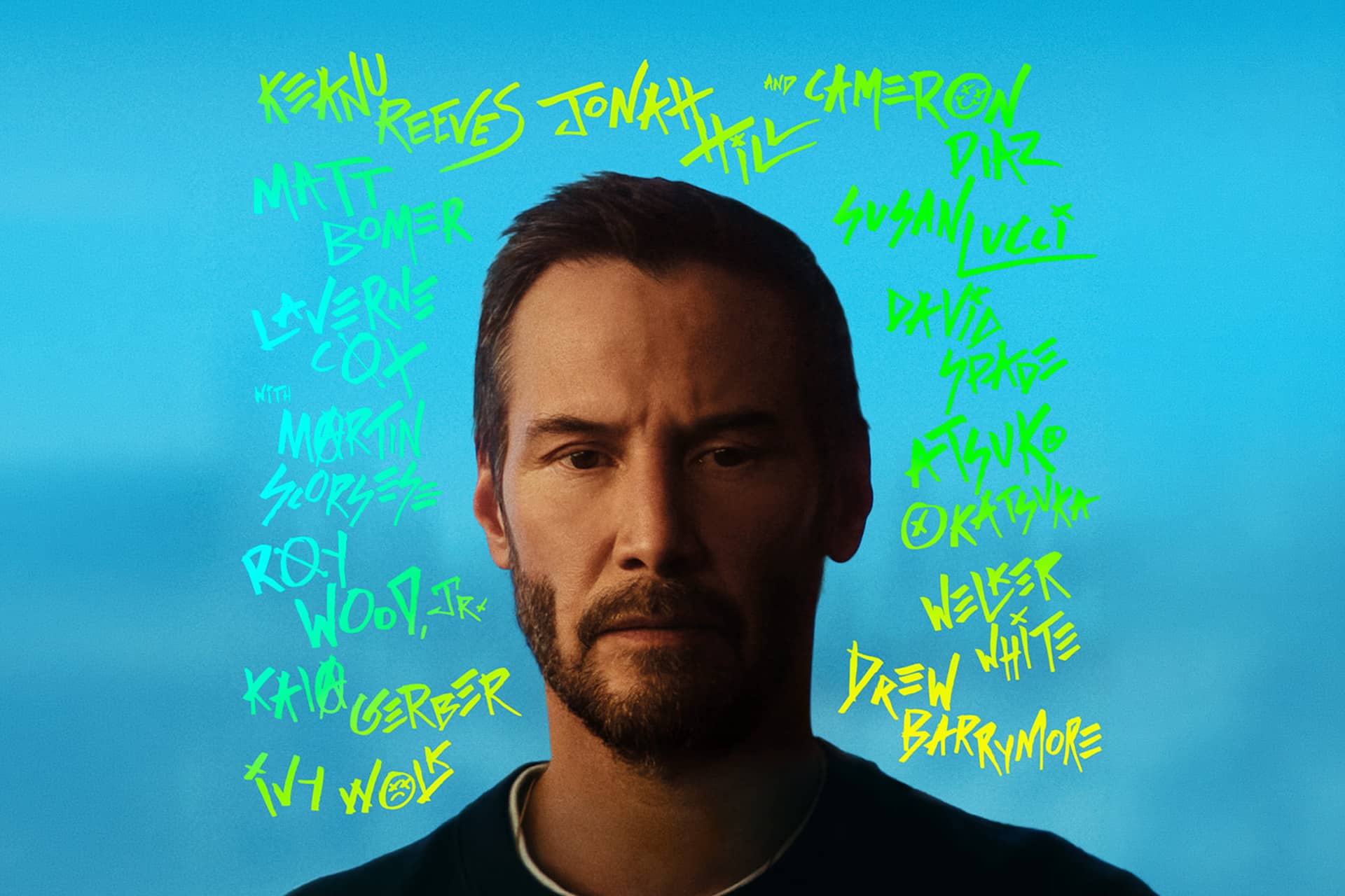 A man with short dark hair and a beard stands against a blue background. Bright neon yellow and green handwritten names, along with the bold words "Outcome Trailer," are scattered around his head in various directions.