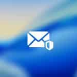White envelope and shield icons appear in the center of a blue gradient background, with the Apple logo in the bottom right corner. The image suggests iOS mail privacy, emphasizing secure or protected email related to Apple services.