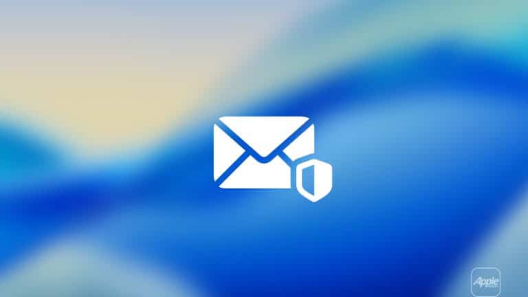 White envelope and shield icons appear in the center of a blue gradient background, with the Apple logo in the bottom right corner. The image suggests iOS mail privacy, emphasizing secure or protected email related to Apple services.
