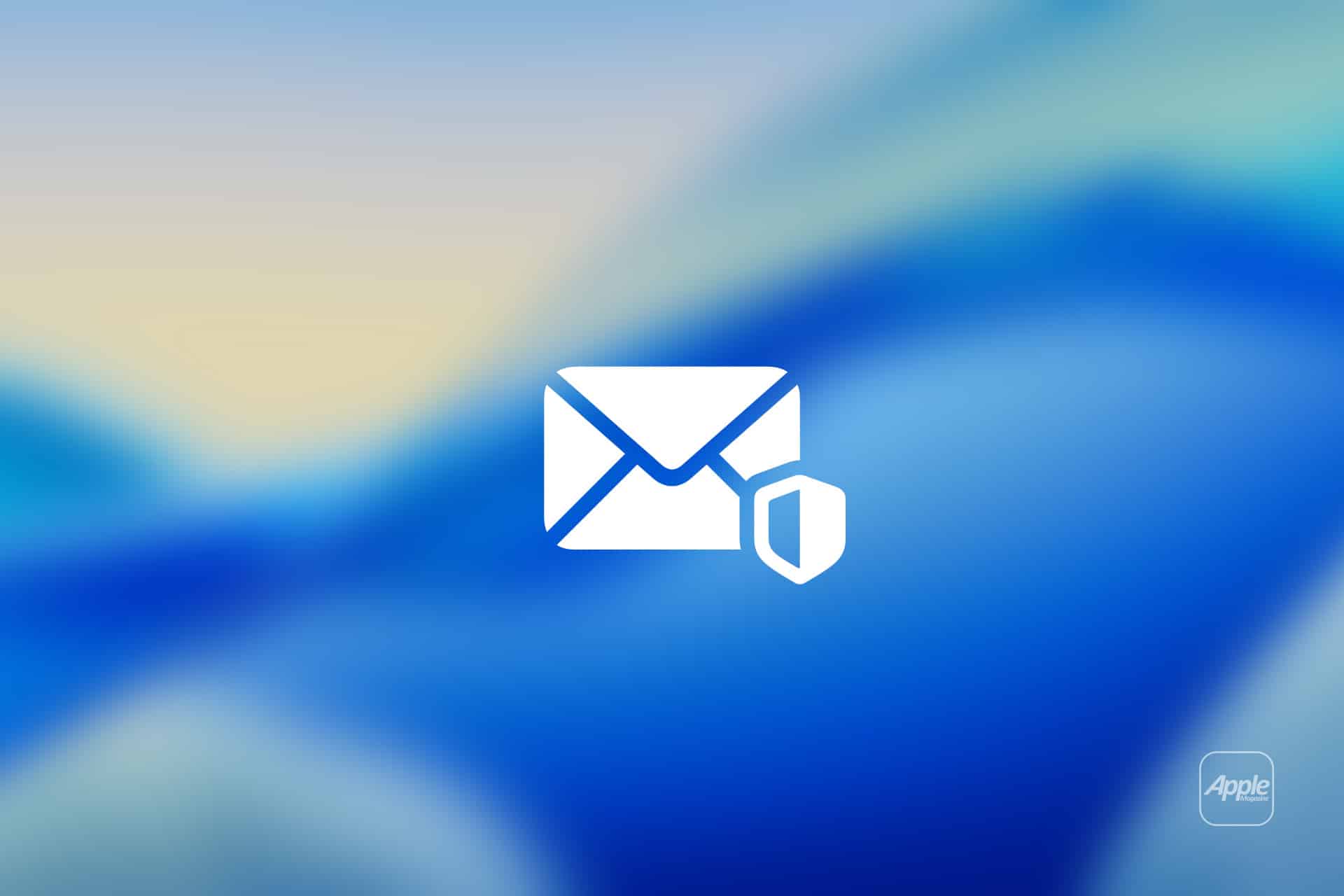 White envelope and shield icons appear in the center of a blue gradient background, with the Apple logo in the bottom right corner. The image suggests iOS mail privacy, emphasizing secure or protected email related to Apple services.