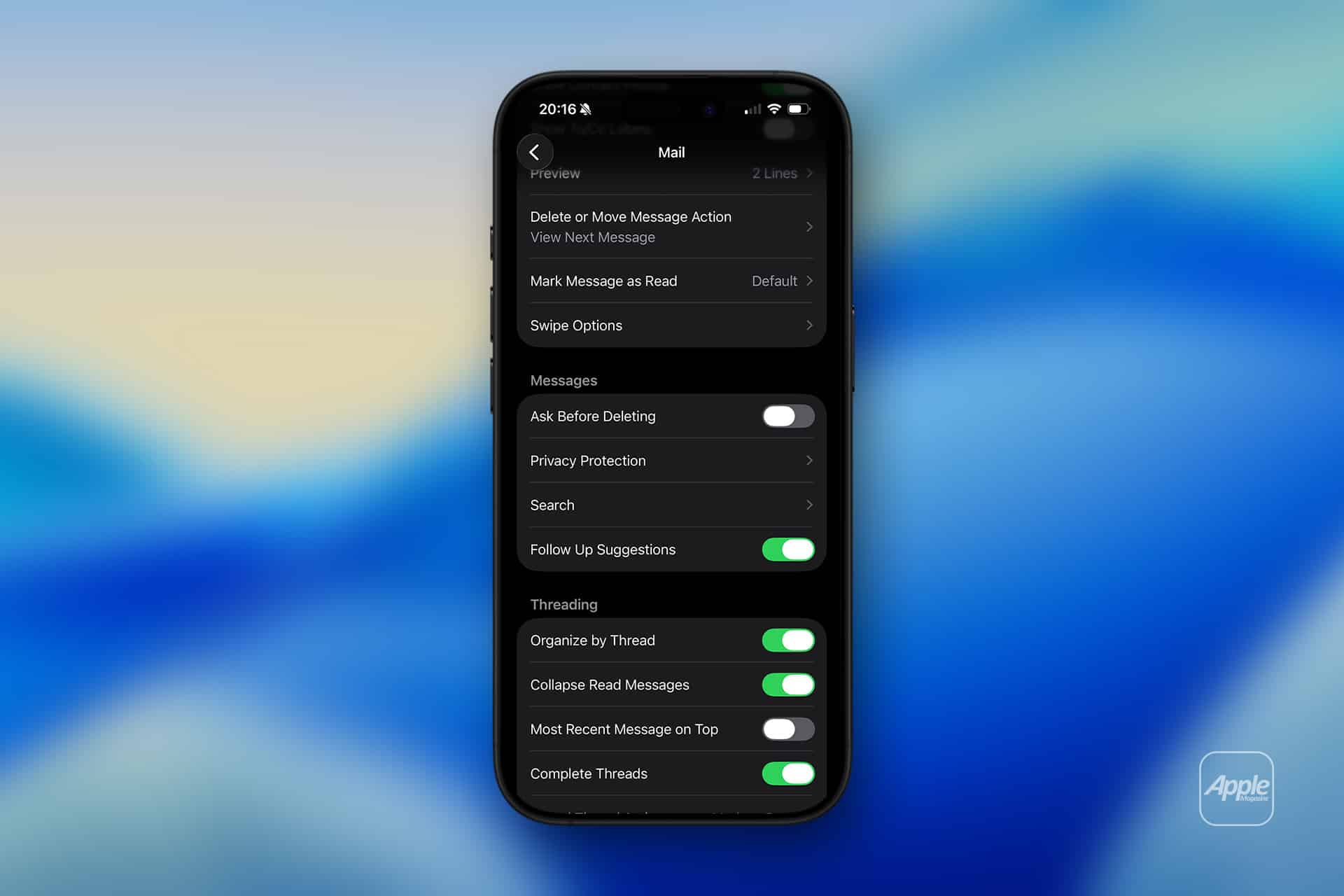 A smartphone displays Mail app settings, highlighting iOS mail privacy features like "Ask Before Deleting," "Privacy Protection," and toggles for organizing threads. The background is a blue gradient with a faint Apple logo in the corner.