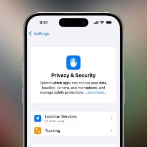 A smartphone screen displays the "Privacy & Security" settings, highlighting iPhone App Permissions for Location Services and Tracking, with the Apple logo in the bottom right corner.