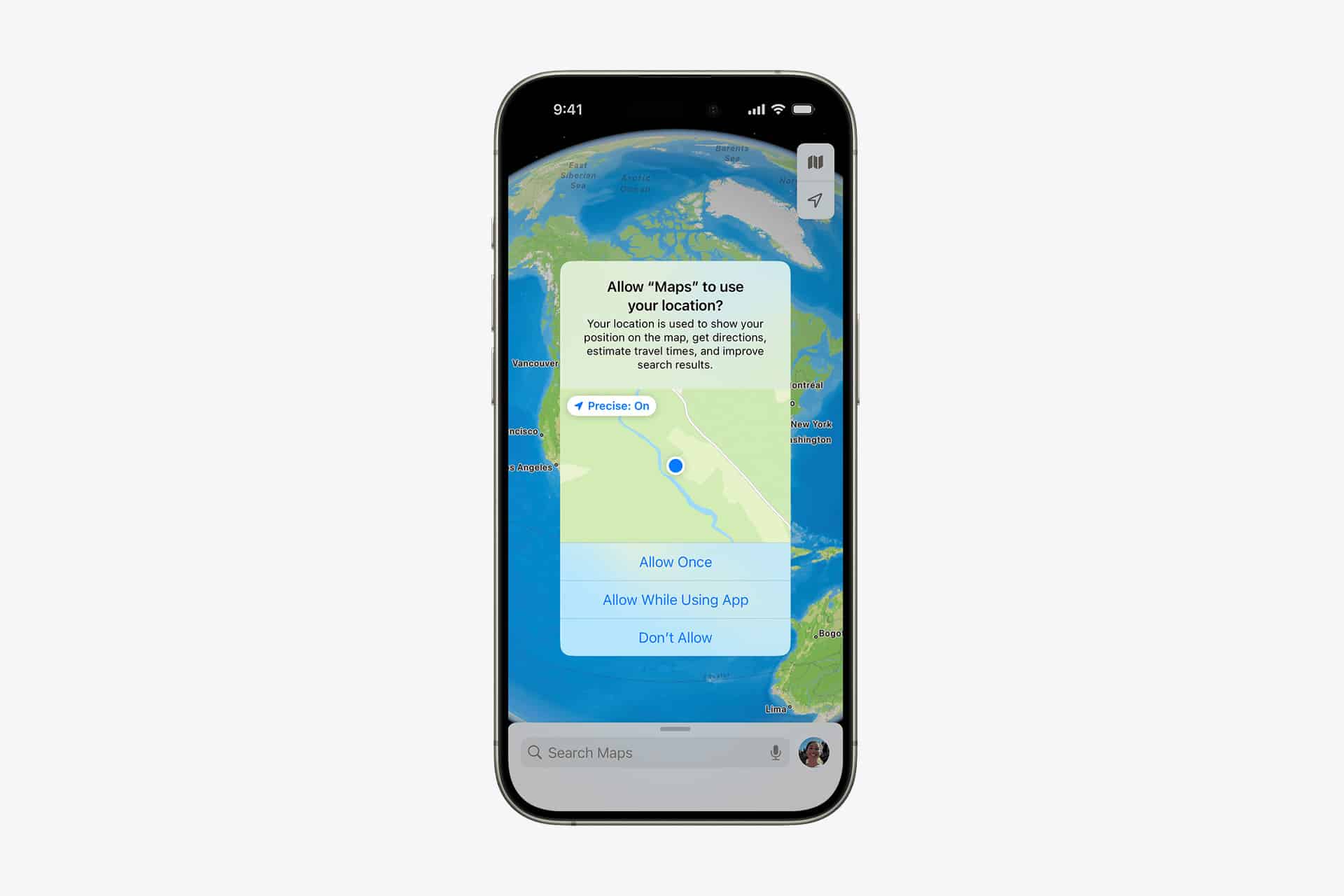 An iPhone displays the Maps app with a pop-up about iPhone App Permissions, asking for location access. Options include "Allow Once," "Allow While Using App," and "Don’t Allow." The map highlights North America from a global view.
