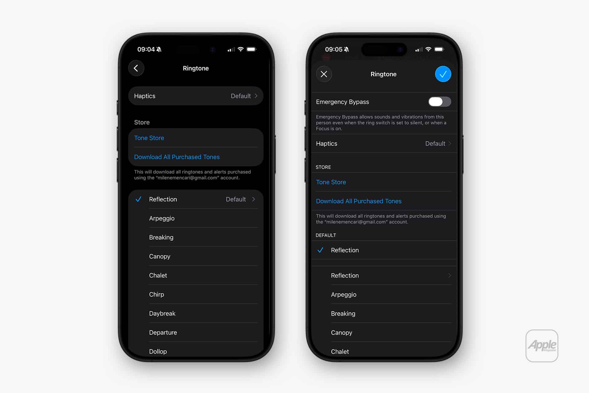 Two iPhones display the iPhone Ringtone Custom settings in light and dark modes, showing options for haptics, tone store, downloaded tones, and a list of default ringtones like Reflection, Arpeggio, and Breaking.