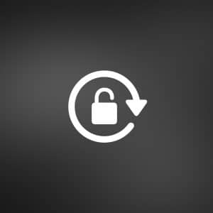 A white unlocked padlock icon inside a circular arrow, symbolizing iPad Screen Rotation, on a dark gradient background, with a small Apple logo in the bottom-right corner.