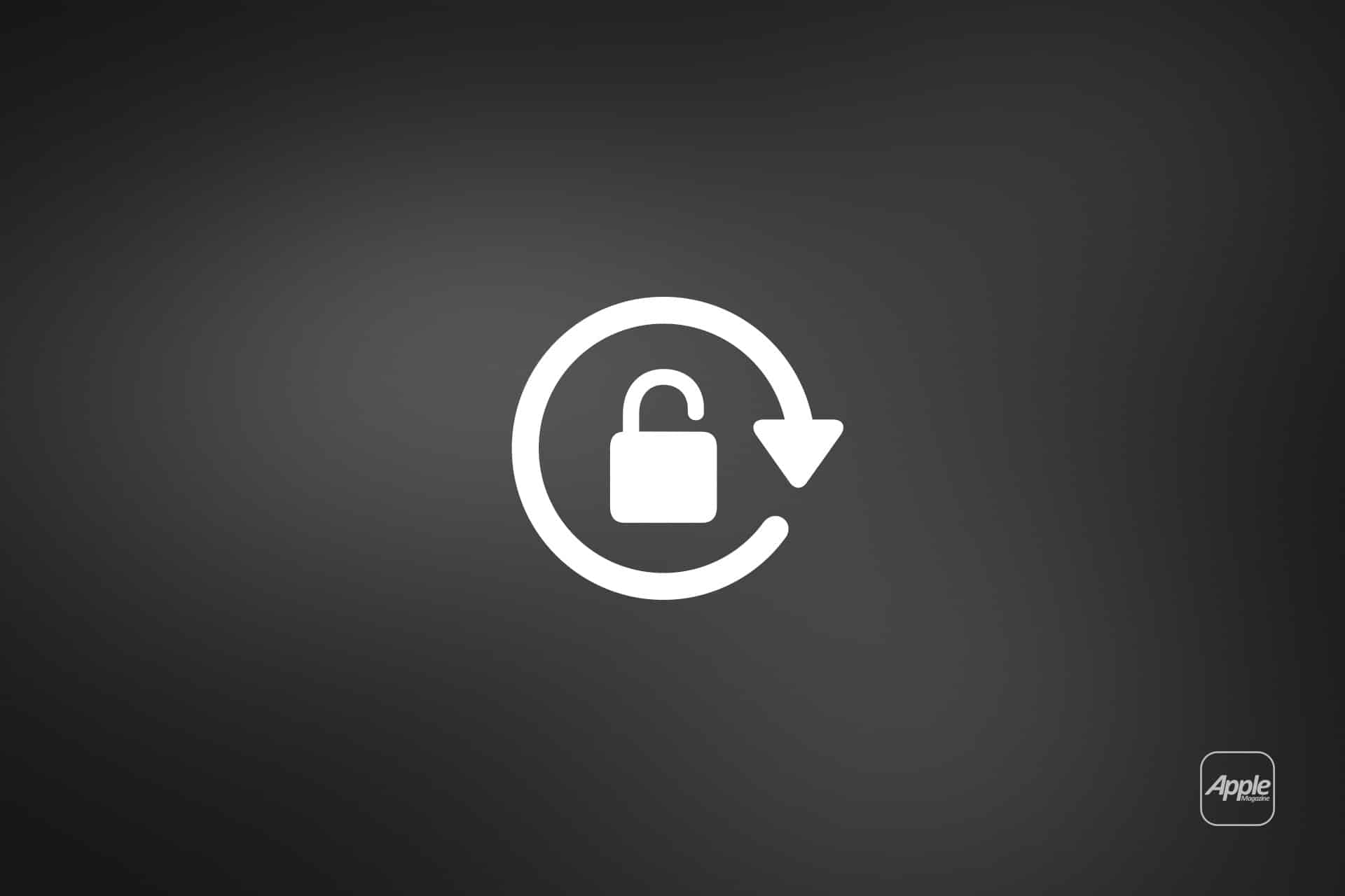 A white unlocked padlock icon inside a circular arrow, symbolizing iPad Screen Rotation, on a dark gradient background, with a small Apple logo in the bottom-right corner.