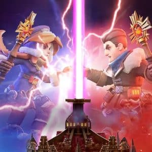 Two animated fantasy characters in blue winter outfits face off with glowing staffs, separated by a powerful pink energy beam. A castle sits below, lightning crackles in the background—perfect inspiration for your SVS Whiteout Survival guide.